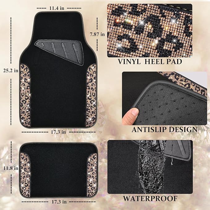 CAR PASS Bling Diamond Car Floor Mats, Shining Rhinestone Carpet Sparkly Glitter Crystal with Anti-Slip PVC Heel Pad Waterproof Universal Fit Automotive SUV,Sedan,Van,Cute Girl Women,4pcs Gold Leopard