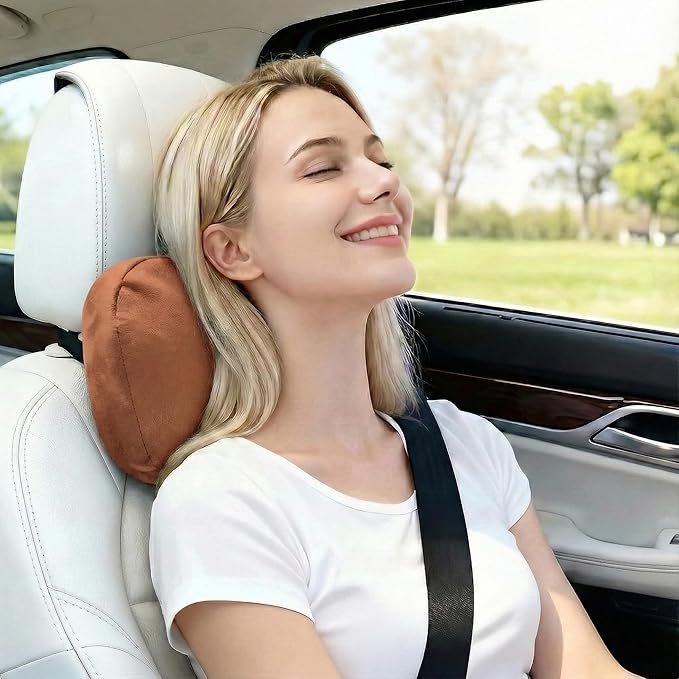 2PCS Car Pillow for Car Neck Pillow for Driving Seat Neck Support Soft Cushion Back Support Head-Rests for Vehicle Sleeping with Elastic Adjustment Strap (Brown, Head)