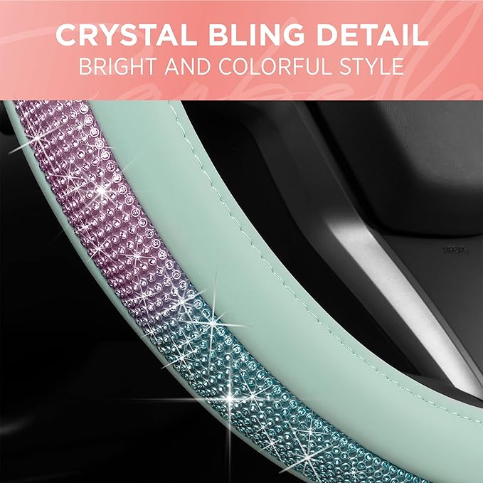 Carbella Mint Green Diamond Bling Steering Wheel Cover, Standard 15 Inch Size Fits Most Vehicles, Cute Faux Leather Car Steering Cover with Rhinestone Crystal, Car Accessories for Women