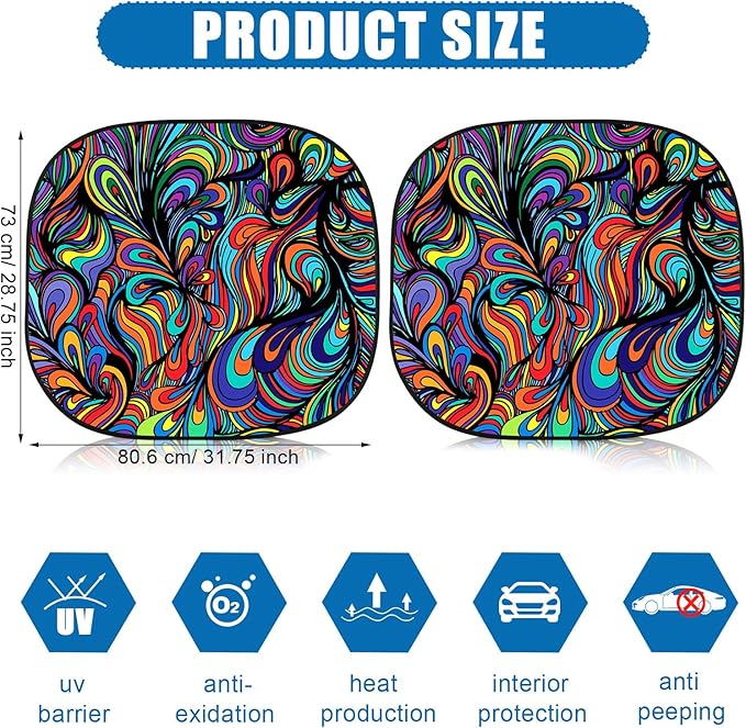 Moukeren 2 PCS Windshield Sun Shade for Car Foldable Window Covers for Car Accessories Reflect UV Sun Heat Protector for Universal Cars SUV Truck RV (Abstract, 31.75 x 28.75 Inch)
