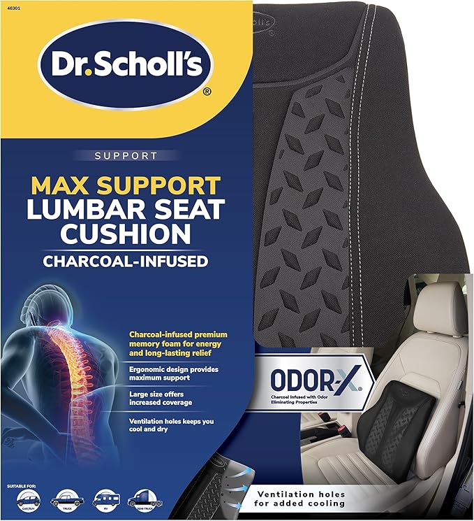 Dr. Scholl's Max Support Charcoal-Infused Lumbar Seat Cushion for Car, Truck, SUV — Black
