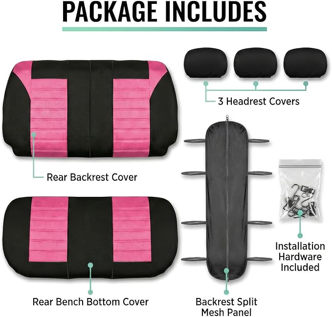 FH Group Automotive Car Seat Covers Rear Set Premium 3D Air Mesh Seat Covers, Airbag Compatible and Split Bench Cover Universal Fit Interior Accessories for Cars Trucks and SUVs - Pink