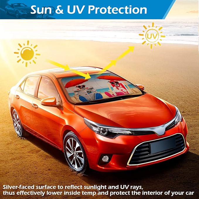 IC ICLOVER Windshield Sun Shade Funny for Car SUV Truck, 240T Polyester Blocks Heat and Sun, Foldable UV Ray Reflector Front Window Sun Shade Visor Shield Cover - 59inchx33inch (Dog with Umbrella)