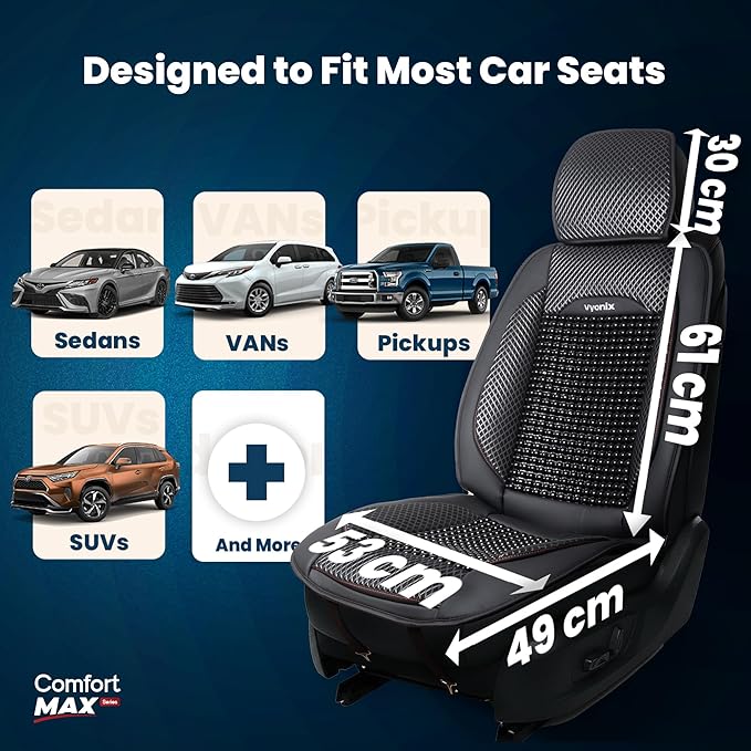 Beaded Car Seat Cover – Wooden Bead Massage Support with Breathable Cooling Mesh – Universal Fit for Sedan, SUV & Truck (1 Pack, Royal Black)