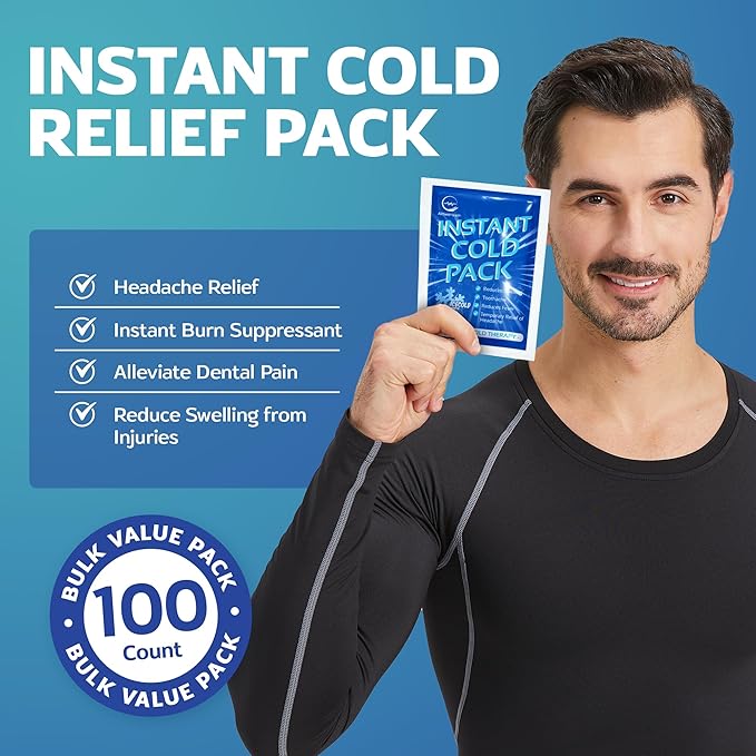 100 Pack Instant Cold Pack - Disposable Instant Ice Packs for Injuries Cold Compress Ice Pack for Pain Relief, Swelling 6 x 4.5 in