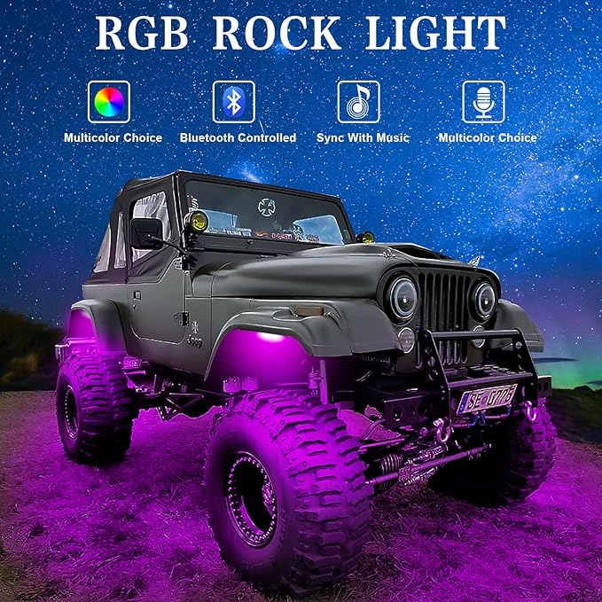 RGB LED Rock Lights, Neon Underglow Kit for Car with App/Remote Control and Voice-Activated Music Mode, 4 Pods Waterproof Car Light Rock Lights for Trucks ATV SUV RZR UTV Boat Motorcycle (Blue)