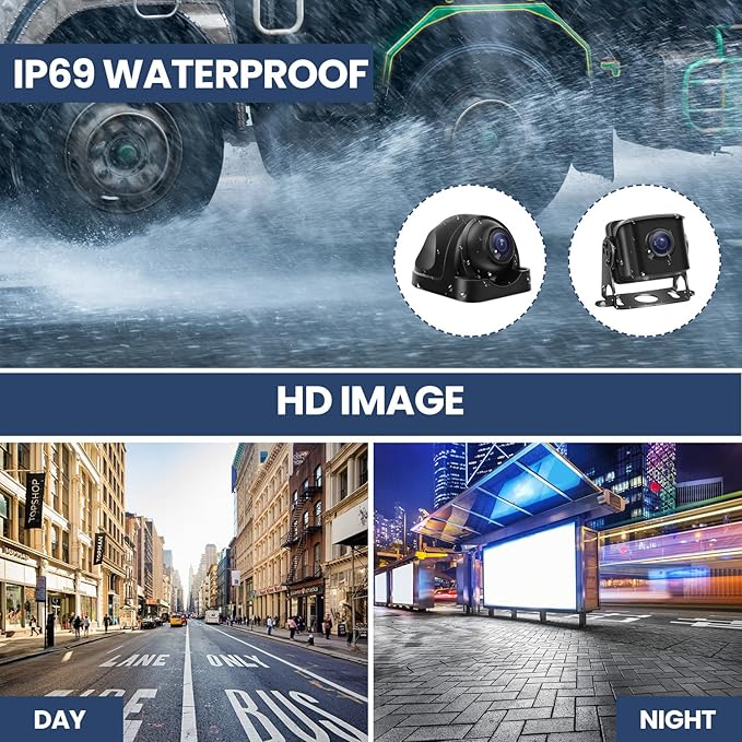 Wired Backup Camera System with 10.1’’ IPS Monitor for Truck RV Trailer Bus, Rear View Camera, with Side Front View Camera, 4 Split Screen, Super Waterproof, Night Vision, Easy Installation AHD1080P