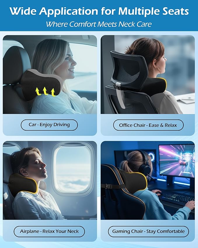 Car Neck Pillow: 2 Pack Ergonomic Memory Foam Headrest Pillow for Driving, Adjustable Neck Support Cushion for Pain Relief, Head Rest Pillows for Car Seat, Truck - Gray & Black