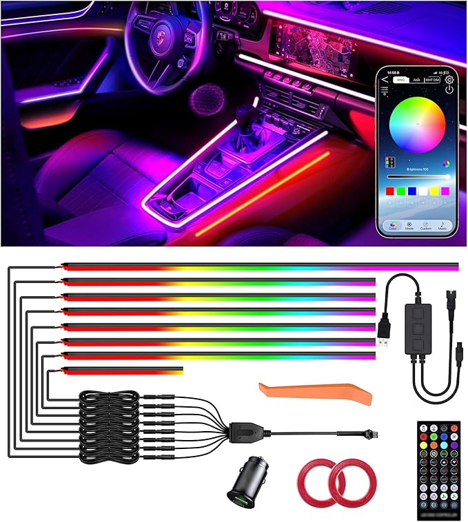 KENANEK 55.12inch Acrylic LED Lights for Car– 8 Dreamcolor Interior Car LED Strip Light, APP/Remote/Control Box, Music Sync, Dual USB Cigarette Lighter, Universal Fit for Car/SUV/Truck