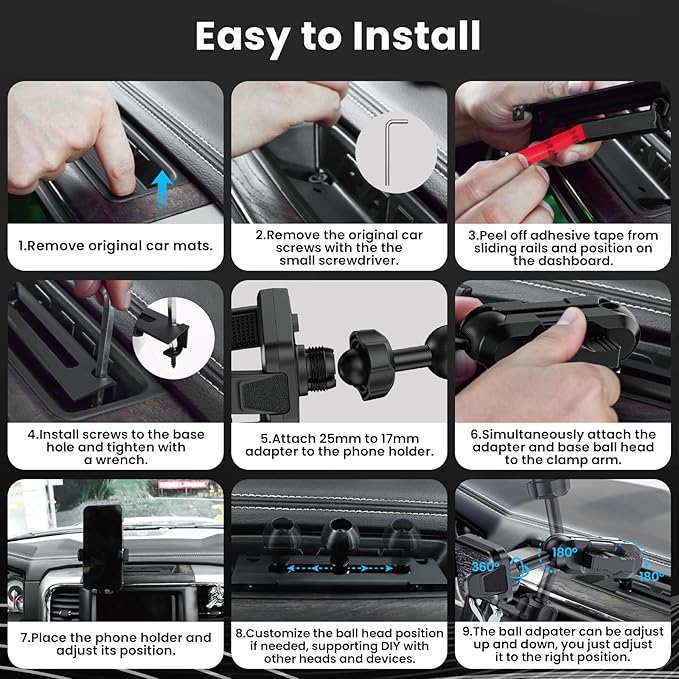 Kaishengyuan Metal Phone Mount for Ram Truck 2013-2018, Dash Mount Cell Phone Holder Compatible with RAM 1500/2500/3500 & 2019+ Classic, Metal Ball Adapter Phone Stand Arm Fit for Most Smartphones