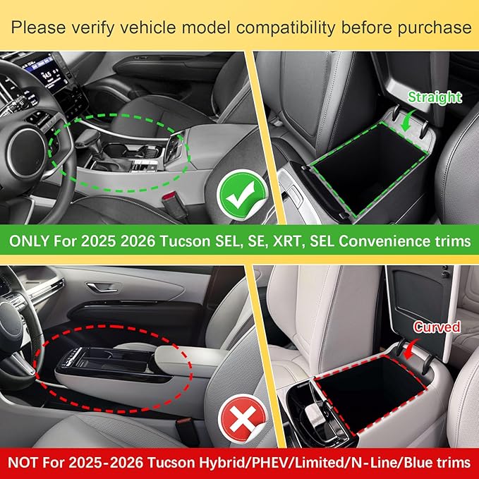 Center Console Organizer Tray Compatible with 2025 2026 Hyundai Tucson SEL/SE/XRT/SEL Convenience Accessories – Custom Fit 2025-2026 Tucson Armrest Storage Box (NOT for Hybrid/Plug-in Hybrid/Limited)