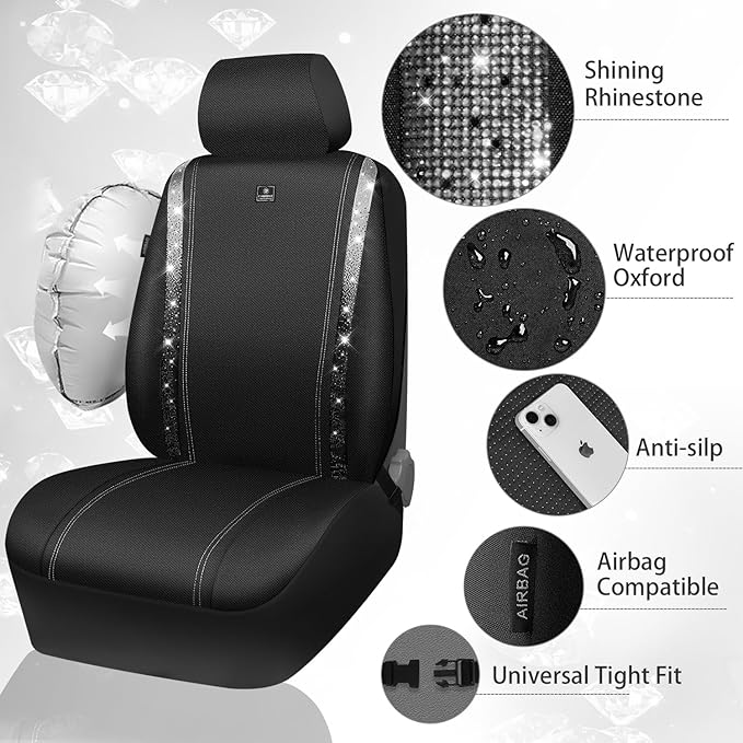 CAR PASS Oxford Bling Diamond Car Seat Cover 2 Front Interior Sets, Waterproof Universal Shining Glitter Sparkly Crystal Fit Armrest 95% Automotive Truck SUV Cute Women Girl, Black Silver Rhinestone