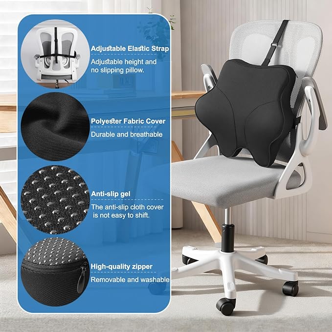 Lumbar Support Pillow for Office Chair & Car - Ergonomic Memory Foam Lower Back Cushion with Breathable Polyester Cover Adjustable Straps for Desk, Gaming, Wheelchair - Relieves Back Pain (Black)