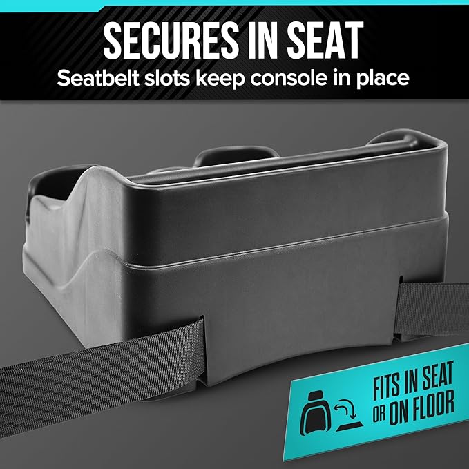 Moblorg Small Center Console for Cars, Trucks, Minivans, SUVs, Vehicle Organizer, Cup Holders, Recycled Plastic, Made in USA (Black)