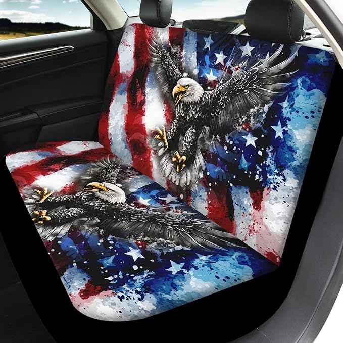 KEIAHUAN Front and Back Car Seat Covers American Flag Eagle Front Seat Cover and Split Rear Bench Seat Cover 4th of July Patriotic Automotive Interior Accessories