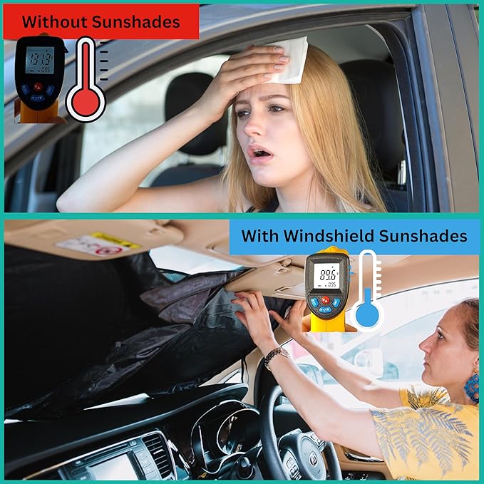 Windshield Sun Shade - Certified 99.87% UVB & 99.02% UVA Protection Car Sun Shade. Award Winning Sunshade for Car Windshield with Patented Technology. Size L 63"x35" Car Window Shades by Kinder Fluff