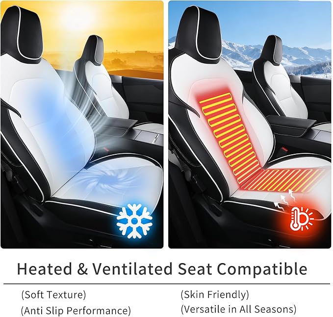 Custom Fit Seat Covers for 2025 2026 Tesla Model Y Juniper (5-Seater) - Ventilated Seats & Rear Screen Compatible - Nappa Leather Full Set Car Seat Protectors (Black+ White, Model Y 2025)