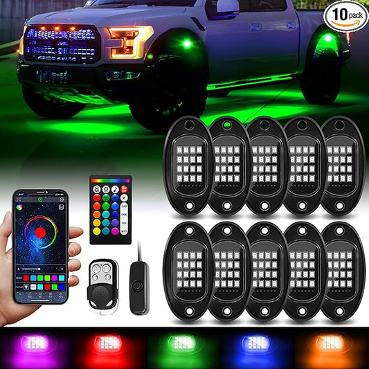 10 Pods RGB LED Rock Lights with APP/RF Remote Control High Brights Waterproof Underglow Multicolor Zone Neon Exterior Rock Lights for 12V Trucks Jeep UTV ATV RZR Offroad Pickup SUV Accessory