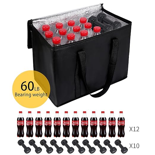 2 pack Additional Bottom Plate Black Insulated Grocery shopping bag , Delivery,pizza,reusable bags, Sturdy zipper,Collapsible,tote,cooler,thermal,Beach,waterproof heavy duty
