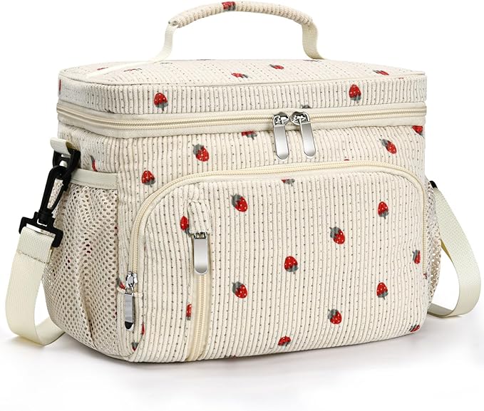 Insulated Lunch Bag for Men & Women, 9L Leakproof Lunch Box Soft Cooler Tote with 5 Pockets, 600D Oxford, EVA Lining, Adjustable Strap for Work, Picnic, Beach&Travel-Corduroy Strawberry