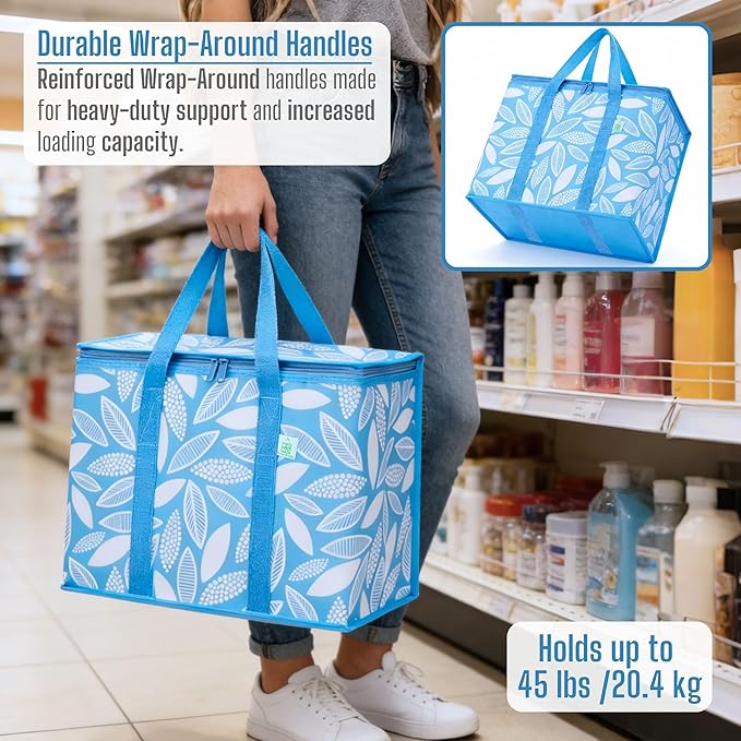VENO 3 Pack Insulated Cooler Bag, Reusable Grocery Shopping Bag for Food Delivery, Heavy Duty, Large Size, Durable Handles, Double Zippers, Lid, Collapsible (Spring Breeze, 3 Pack)