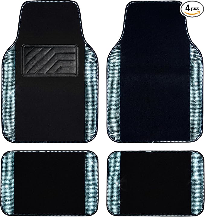 CAR PASS Bling Rhinestones Diamond Waterproof Car Floor Mat, Crystal Sparkly Shining Glitter Carpet, Anti-Slip PVC Heel Pad Universal for Interior Auto SUV,Sedan,Van,4pcs Girly Women Mint Teal Diamond