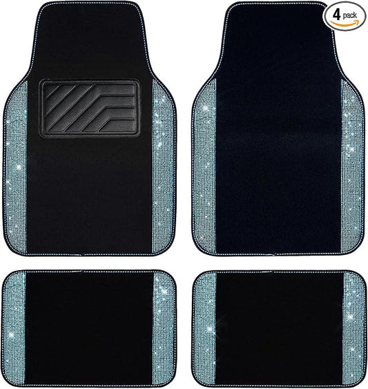 CAR PASS Bling Rhinestones Diamond Waterproof Car Floor Mat, Crystal Sparkly Shining Glitter Carpet, Anti-Slip PVC Heel Pad Universal for Interior Auto SUV,Sedan,Van,4pcs Girly Women Mint Teal Diamond