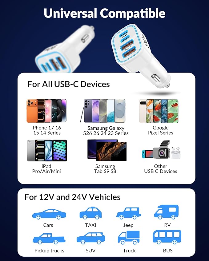 iPhone 17e 17 16 15 Pro Max Car Charger Fast Charging, 90W 4-Port USB C Car Charger 12-24V Cigarette Lighter Adapter with 3FT USB C Cable for iPhone 17/17 Pro Max/17e/16/16 Pro Max/15 Pro/Plus, iPad