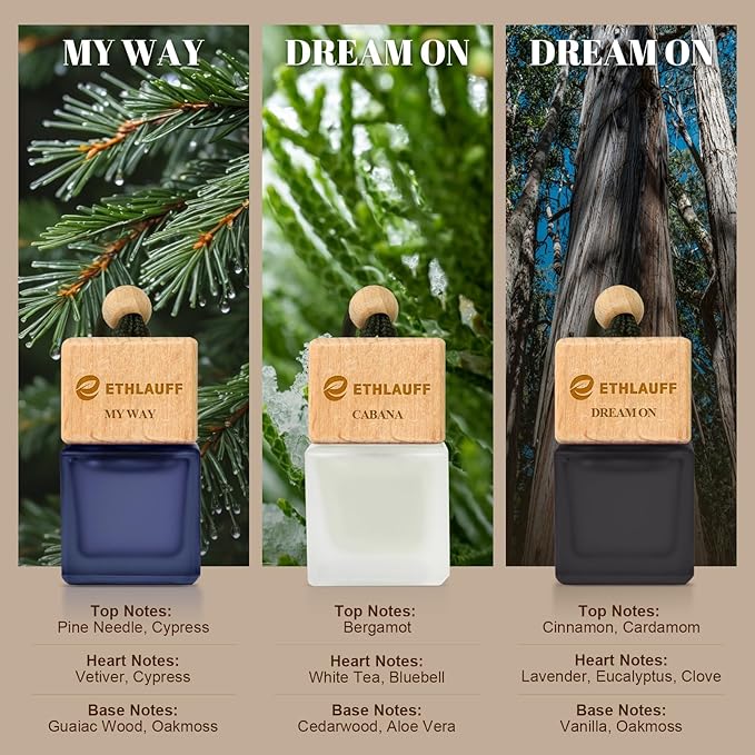 Car Air Freshener Hanging 3 Pack - 1 Way, Dream On, Cabana Hotel Collection Diffuser Oil Inspired The One Hotel, Car Fresheners for Women & Men, 45+ days Long Lasting, 0.27 FL OZ/8ML