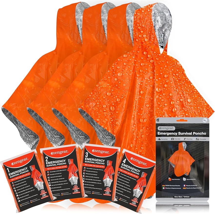 aZengear Emergency Survival Poncho (4pc) Thermal Mylar Foil Blanket for Heat Retention and Rain | Reversible with Hood | Waterproof, Windproof, Portable, Hands-Free, Outdoor Kit (Orange)