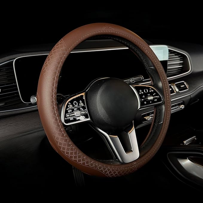 Lord Autofashion Steering Wheel Cover – PU Leather, Non-Slip Rubber Inner, All-Season Comfort – 14.5–15 Inch (Brown 9283)