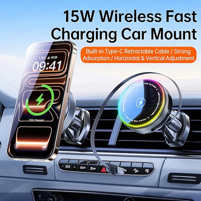 Car Mount Charger 15W Magnetic Phone Holder with Type-C Retractable Cable and RGB Light, Mag Wireless Charging Phone Mount for Air Vent Compatible with iPhone, Samsung, All Smartphones (Gray)
