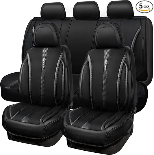 CAR PASS Nappa Leather Car Seat Covers Full Set & Carbon Fiber, Waterproof and Durable All Weather Protector, Universal Fit for SUV Pick-up Truck Sedan Automotive Vehicle Interior (5 Seats, Black)