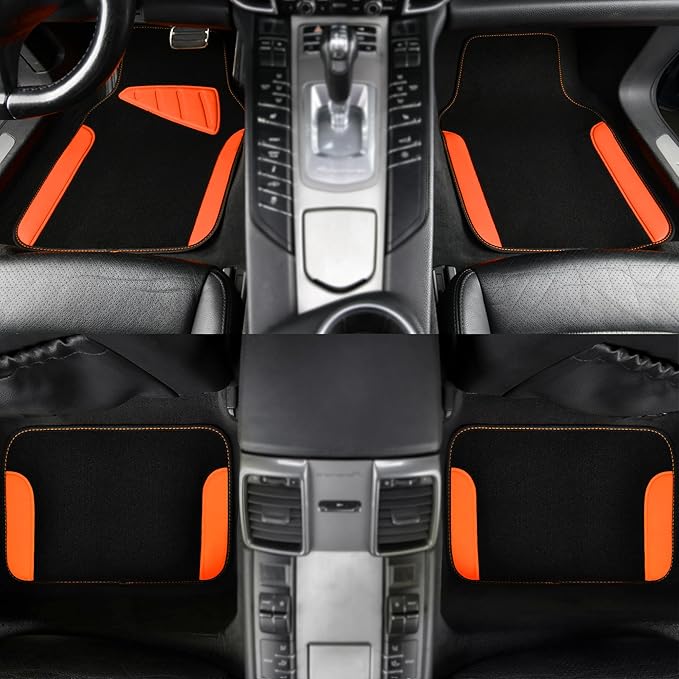 CAR PASS Waterproof Universal Fit Car Floor Mats, Faux Leather Car Carpet Mats,Car Mats with Anti-Slip Nibbs Backing & Driver Heel Pad Fit for SUV,Vans,sedans, Trucks,Set of 4pcs (Orange)