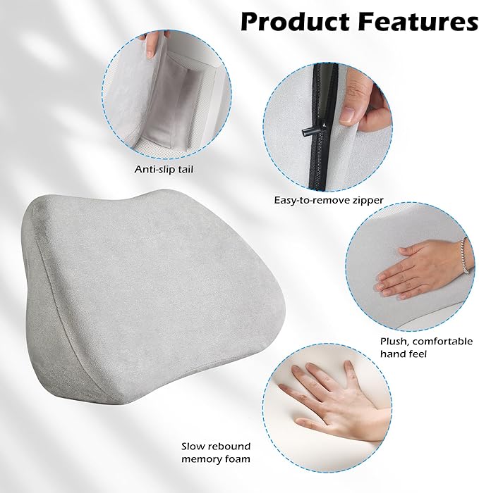 Lumbar Support Pillow for Car, Ergonomic Memory Foam Back Cushion for Driving, Seat Office Chair, Gaming Chair, Lower Back Support for Back Pain Relief, Gray, 2 Pack
