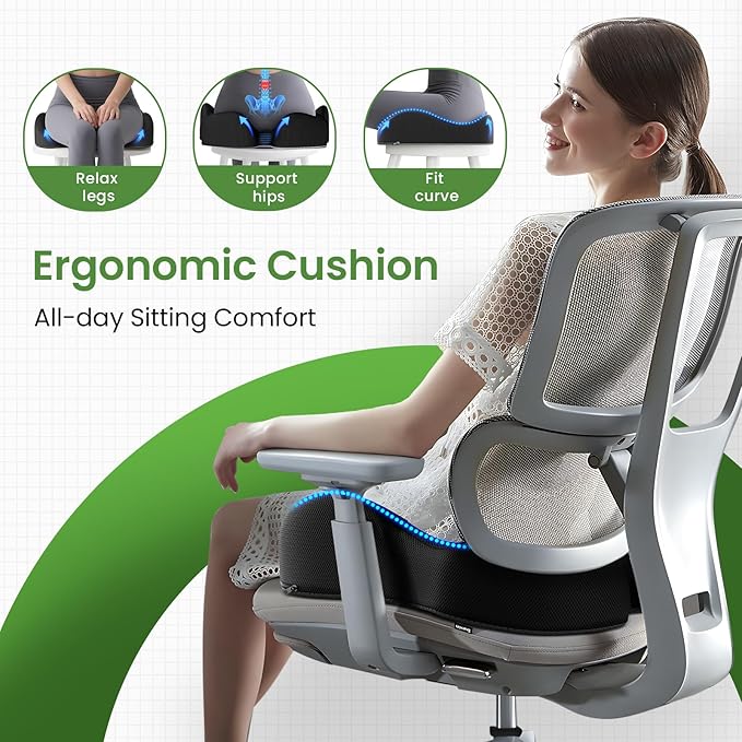 A-Pce Ergonomic Seat Cushion -Large Memory Foam Cushion for Office Chair- Sciatica & Lower Back & Coccyx Pain Relief - Car Seat Cushions for Driving Seat Cushion, Black