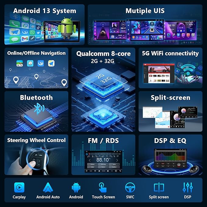 8Core Car Radio for Ford F150 2009 to 2012 XL XLT, 9inch Touchscreen Stereo, Wireless Apple CarPlay & Android Auto, Mirrorlink, 5G WiFi GPS, FM RDS, EQ DSP, Back-Up Camera, SWC, 2G+32G