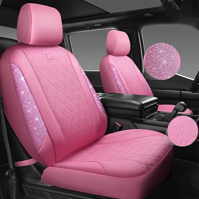 CAR PASS Pink Oxford Bling Diamond Car Seat Covers Full Set Interior Sets, Waterproof Shining Glitter Sparkly Crystal Universal Armrest Fit 95% Automotive Truck SUV Cute Women Girl, Pink Rhinestone