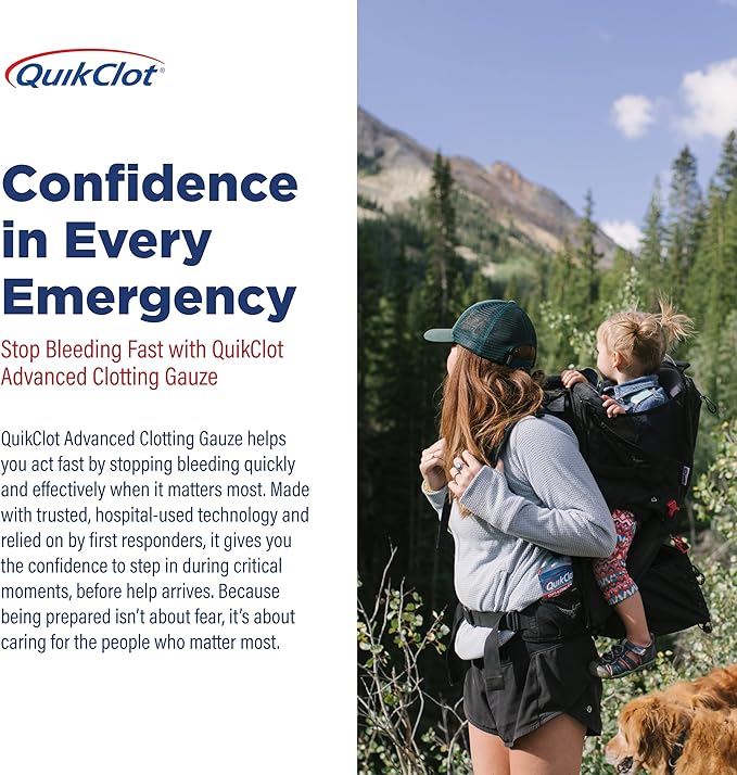 Adventure Medical Kits QuikClot Advanced Clotting Gauze - Stops Bleeding Up to 5X Faster Than Standard Gauze - Kaolin Hemostatic Dressing - for First Aid Kits & Survival Gear - 3 x 24