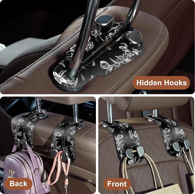 CoBak Purse Hook for Car - Universal Premium Stitched Leather and Aluminum-Magnesium Alloy Double Car Seat Back Storage Hook for Purses, Handbags, Bags (2 Pack),Floral Trace