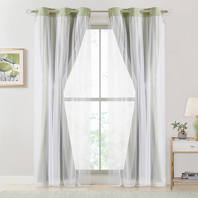 Bujasso Sage Green 90% Blackout Curtains with Sheer Overlay Mix and Match Double Layer Thermal Insulated Window Panels 63 inch Living Room Bedroom Green Drapes with Tiebacks Grommet Top 37" Wx63 Lx2