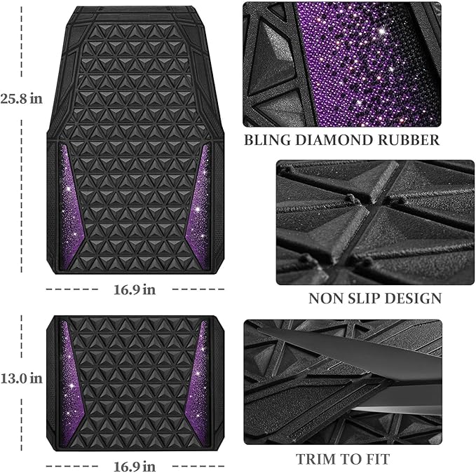 CAR PASS Bling Rubber Car Mats Diamond Floor Mats Full Set Anti-Slip 3D Rhombus Waterproof Universal Trim to Fit Liner Glitter Crystal Sparkly Shining Rhinestone Girl Women SUV Sedan Van, Black Purple