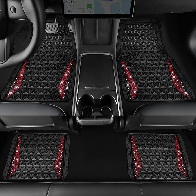CAR PASS Bling Diamond Car Mats Rubber Floor Mats Full Set Anti-Slip 3D Rhombus Waterproof Trim to Fit Liner Universal Glitter Crystal Sparkly Shining Rhinestone Girl Women SUV Sedan Van, Black Red