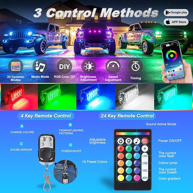 20Pods Full Angle RGB LED Rock Lights Full Kit for Trucks Pickup Dually Truck Off-Road, 600Chip Waterproof Multicolor Underglow Light with APP/RF Remote, Pre Wired 12V Underbody Accent Light Dual Zone