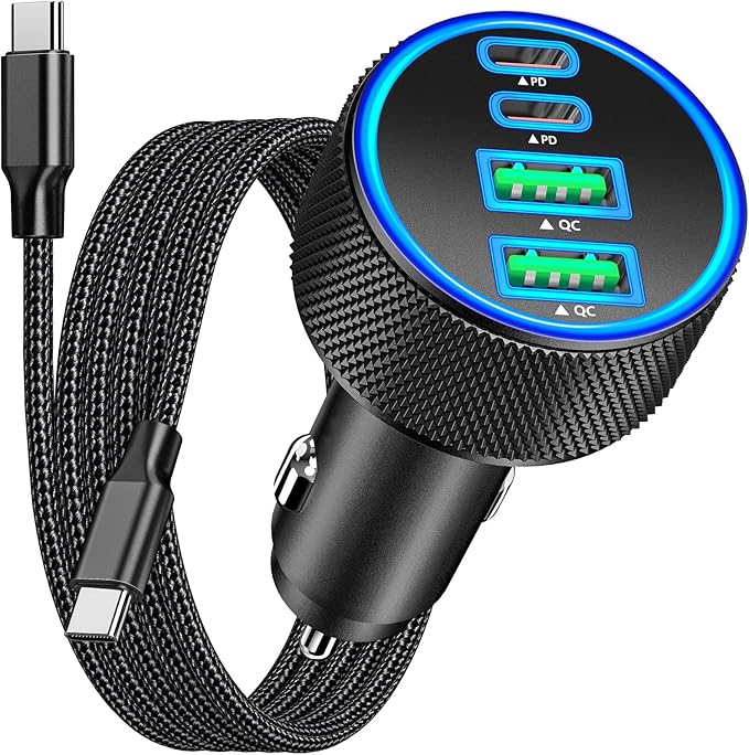 [Apple MFi Certified] iPhone 17 Car Charger, Rombica 4-Port 90W USB-C&USB-A Car Power Cigarette Lighter PD/QC Fast Car Charger + Type-C Braided Cord for iPhone 17/17 Pro/16 Pro/15/Galaxy S26/S25/Pixel