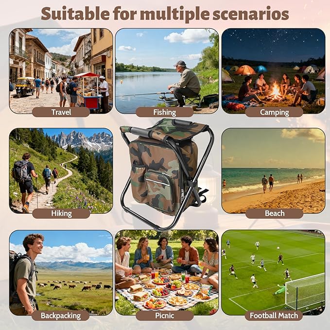 Folding Camping Chair Stool Backpack with Cooler Insulated Picnic Bag, Portable Hunting Fishing Multifunction Chair for Outdoors Hiking Hunting Travel (Camouflage)