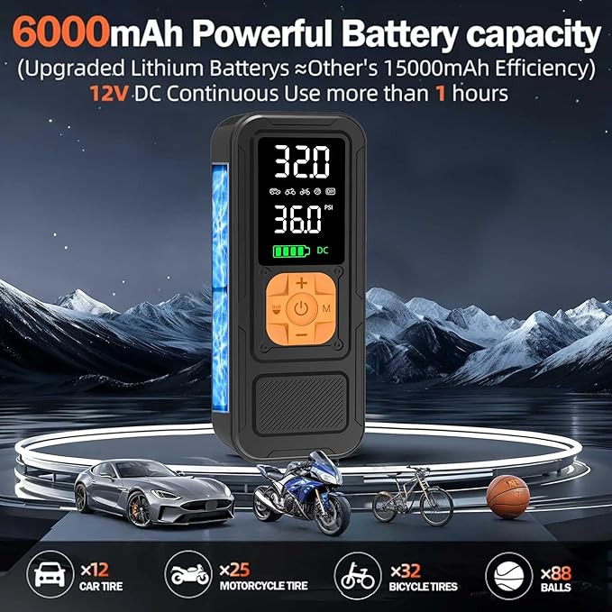 Y34 Tire Inflator Portable Air Compressor,4X Faster Inflation,6000mAh Cordless/12V DC 150PSI Air Pump for Car Tires with Digital Pressure Gauge/LED Light for Car,Motorcycle,Bike,Ball