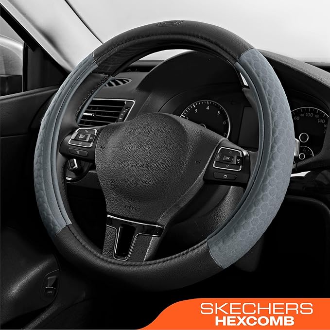 Skechers Steering Wheel Cover,Leather Steering Wheel Cover Hexcomb Design Embedded TPE Steering Wheel Universal Fit 14" 1/2-15" Car Wheel Protector for Men Women Fit Suvs,Vans,Sedans,Car,Trucks,Grey