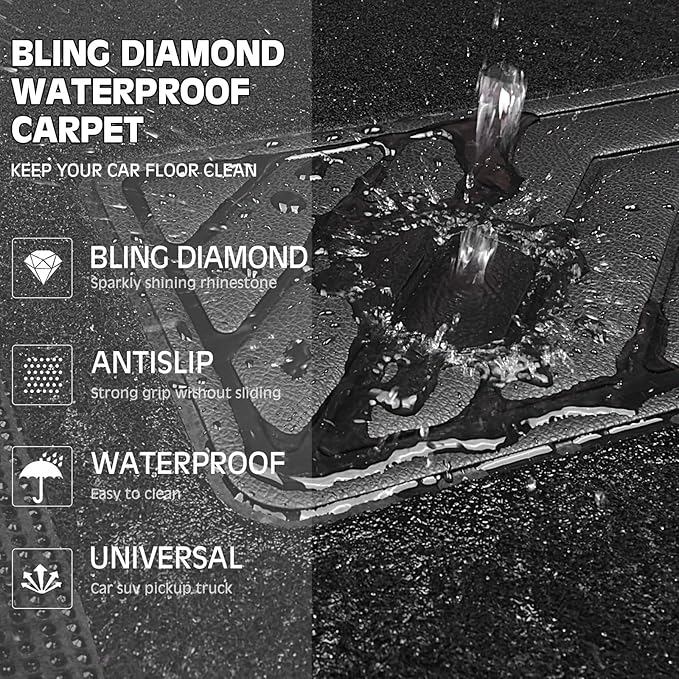 CAR PASS Bling Diamond Car Floor Mats, Sparkling Crystal Shining Glitter Rhinestone Carpet, Anti-Slip PVC Heel Pad Waterproof Universal for Automotive SUV,Sedan,Van,4pcs Girl Women Men Black Diamond