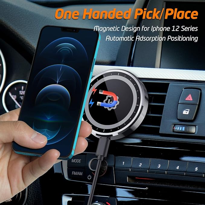 WixGear 15W Wireless Magnetic Car Charger, Air Vent & Dashboard Mount for iPhone 13/13 Pro/12/X Thru Mini with Auto Alignment